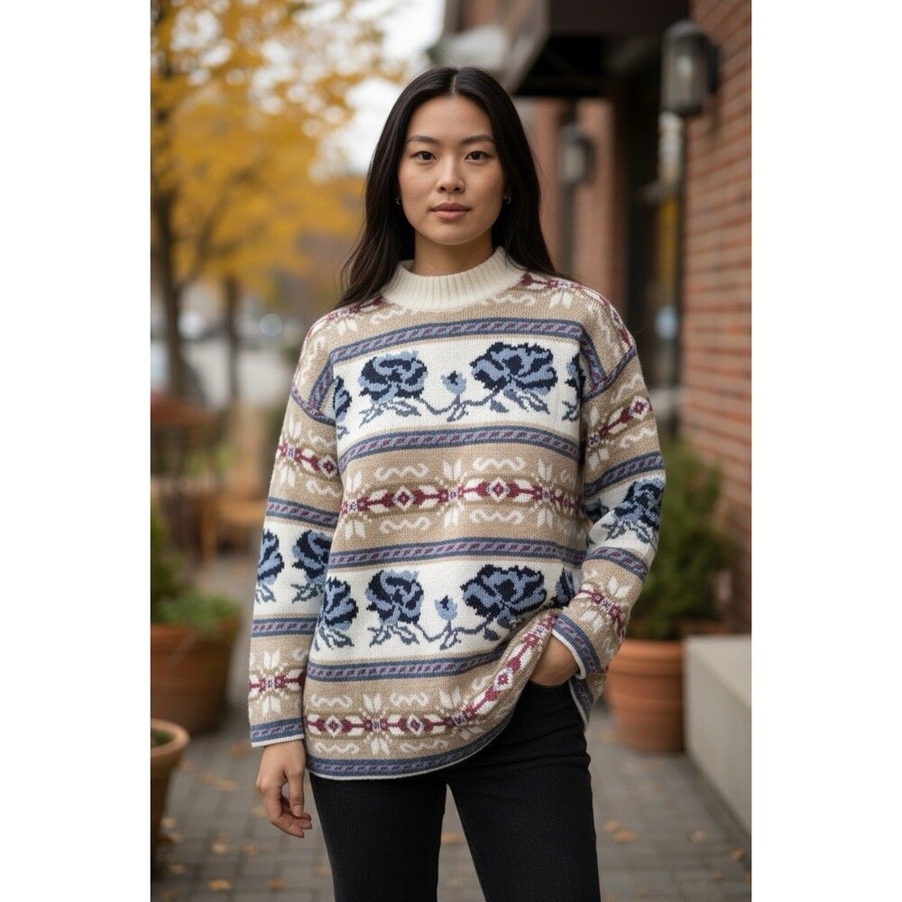 Vintage Womens Pullover Mock Neck Sweater Blue Floral Fair Isle 90's 80's Soft
